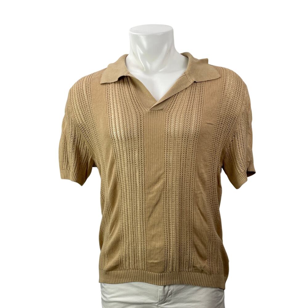 Urban Outfitters Men's Beige Short Sleeves Open Knit Striped Polo Sweater Top L